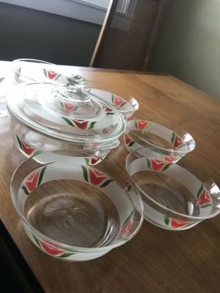 PYREX Casserole 8 - Piece RARE HTF Frosted Red Tulip Pyrex Set 2