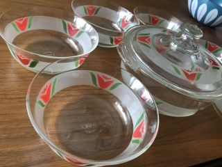 PYREX Casserole 8 - Piece RARE HTF Frosted Red Tulip Pyrex Set 3