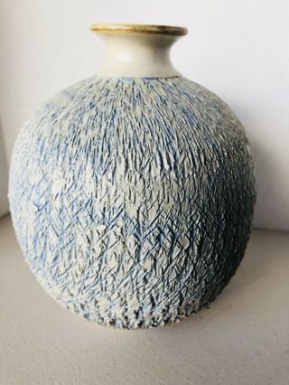 Rare Stone Fence F Wolff Studio Art Pottery Stoneware Hand Made Blue Round Vase
