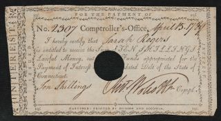 April 15 1789 Ten Shillings Connecticut Colonial Interest Note - Rare Female Payee