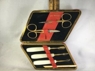 Rare Vintage Wiss Manicure Set 6 Pc In Leather Case From Germany