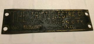 The Tritt Electric Co.  Union City Indiana Vintage Brass Name Plate Rare 1900 