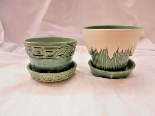 Vintage 2 Mccoy Pottery Flower Pots W Dish Green Very Rare Ice Drip & Greek Key