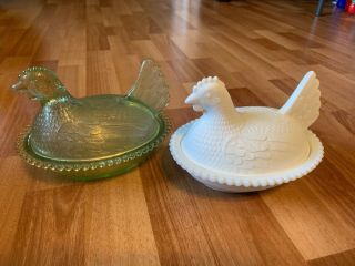 Rare Vintage 7 " Light Green Hen & Milk White Hen On Nest Candy Dish
