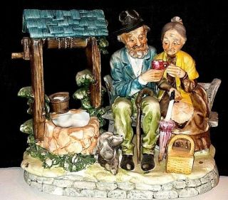 Norleans Vintage Old Man And Woman And Dog By Wishing Well Large Figurine.  Rare