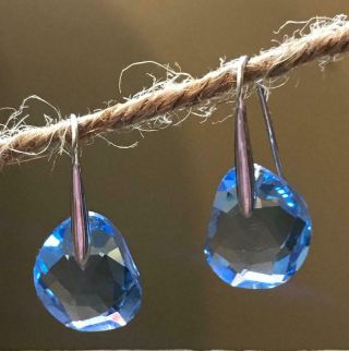 RARE Swan Swarovski Signed Light Blue Crystal Pierced Drop Earrings Silver Tone 4