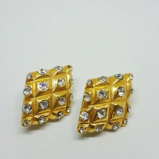 Authentic Rare Vintage Chanel Cc Logo Gold Rhombus Rhinestone Clip Earrings