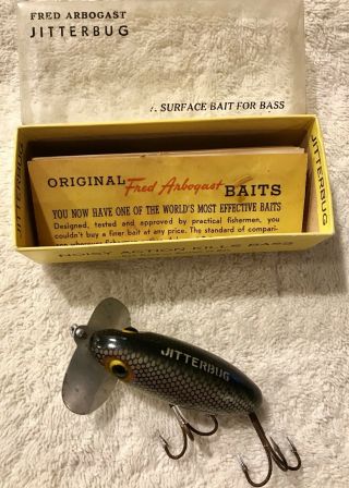 Fishing Lure Fred Arbogast Jitterbug Rare Silver Scale Color Box & Papers Beauty