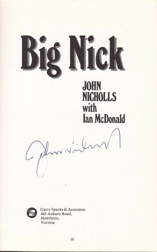 John Nicholls Carlton Afl Big Nick Very Rare Signed Book