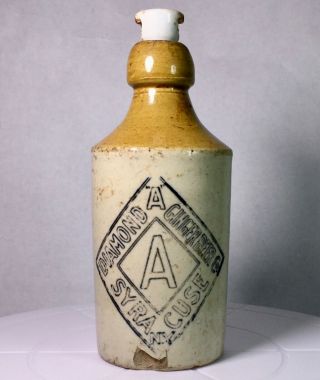 Rare Diamond A Stoneware Ginger Beer Bottle Syracuse Ny Antique With Top