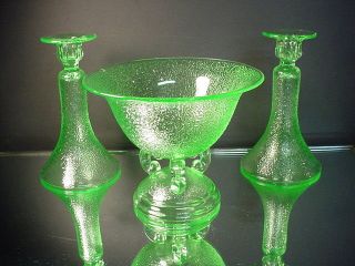 Rare Tiffin Glass Art Deco 3 Pc.  Vaseline Brilliancy Console Set Uranium Glass