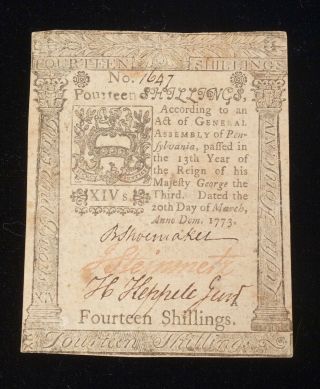 Rare 14 Shilling Hall Sellers 1773 Pennsylvania Signed Continental Currency