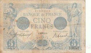 Rare Old French France Banknote 5 Francs - 1915