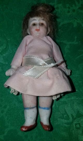 Rare Antique Bisque German 3 1/2 " Doll W/hair & Outfit Wire Jointed