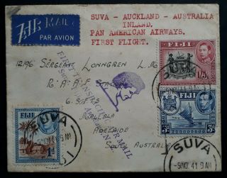 Rare 1941 Fiji 1st Trans - Pacific Airmail Cover Ties 3 Stamps Canc Suva