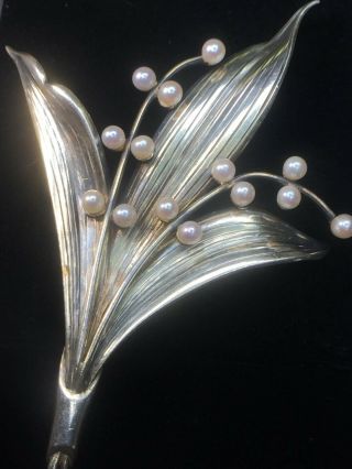 Rare Mikimoto Ss " Lily Of Valley " Motif Cultured Pearl Large Brooch.  17.  8gm.