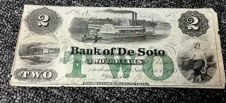 1863 Bank Of De Soto $2 Nebraska Large Size,  Rare Note With De Soto Paddle Wheel