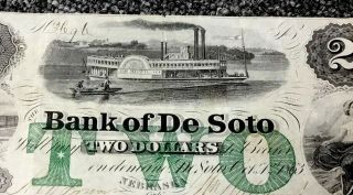 1863 Bank of De Soto $2 Nebraska Large Size,  Rare Note with De Soto Paddle Wheel 2