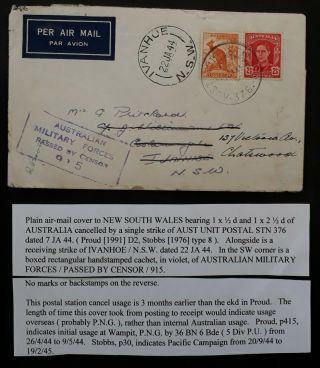 Rare 1944 Australia Cover Ties 2 Stamps Aust Postal Stn 376 - Png Usage
