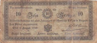 10 Kreuzer Vg Banknote From Austrian Empire/hungary 1849 Rare " Almassy " Signed
