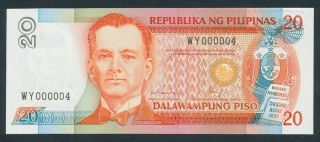 Philippines: 1992 20 Piso Rare Low Serial Number " Wy 000004 ".  Pick 170f