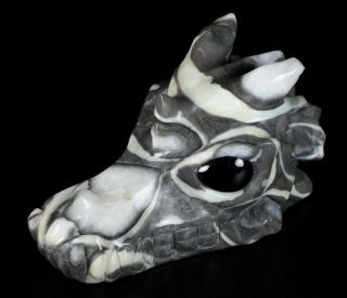 5.  1 " Rare Fossil Carved Crystal Dragon Skull,  Black Obsidian Eyes,  Healing