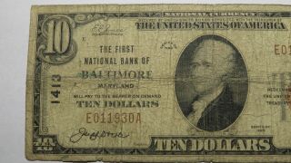 $10 1929 Baltimore Maryland MD National Currency Bank Note Bill Ch.  1413 RARE 2
