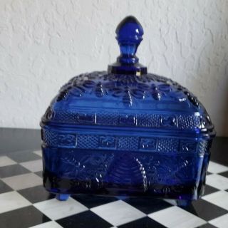 Rare Vintage Cobalt Blue Tiara Honey Bee Glass Box With Lid
