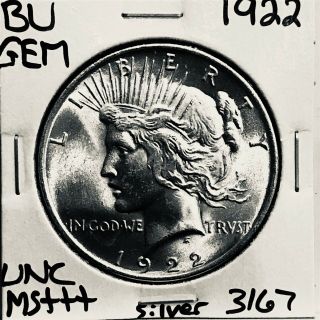 1922 P Bu Gem Peace Silver Dollar Unc Ms,  U.  S.  Rare Coin 3167