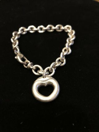 Rare Movado Sterling Silver Puffy Heart Charm Rolo Link Chain Bracelet