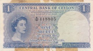 1 Rupee Vg Banknote From British Colony Of Ceylon 1954 Pick - 49b Rare