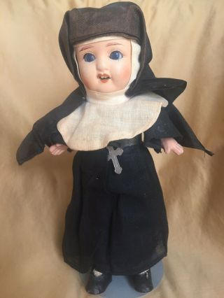True Antique Nun Doll,  Bisque & Composition,  Blue Sleep Eyes & Teeth,  8”,  Rare