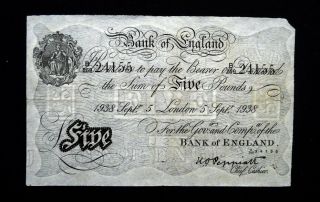 1938 England Great Britain Rare Banknote 5 Pounds Xf