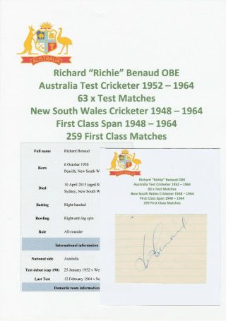 Richie Benaud Australia Test Cricketer 1952 - 1964 Rare Autograph