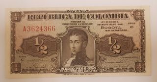 Colombia 1/2 Pesos 1948 Banknote Gem Unc Very Rare Grade