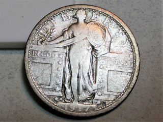 1917 - D Type 1 Standing Liberty Quarter Dollar 25c F,  Rare Us Coin.