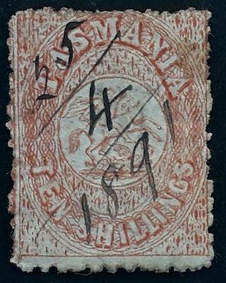 Rare 1863 Tasmania Australia 10/ - Salmon St George&dragon Stamp Perf 11 1/2