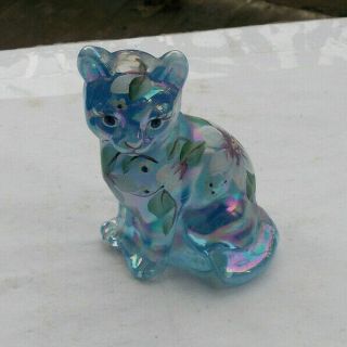 Rare Vintage 4 " Fenton Glass Kitty Cat Figurine Blue Hand Painted Signed Smith