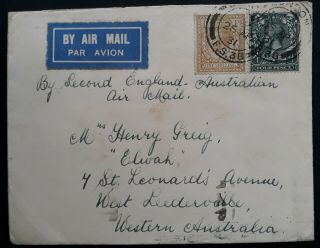 Rare 1931 Great Britain Airmail Cover Ties 2 Kgv Stamps Canc London To Australia
