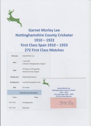 Garnet Lee Nottinghamshire Cricketer 1910 - 1922 Rare Hand Signed Cutting