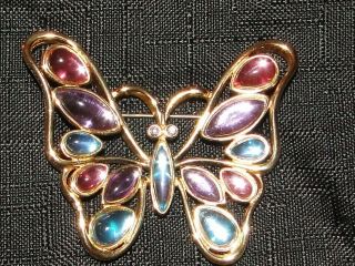 Vintage Signed Rare Trifari Cabochon Butterfly Brooch Jewel Gold Tone