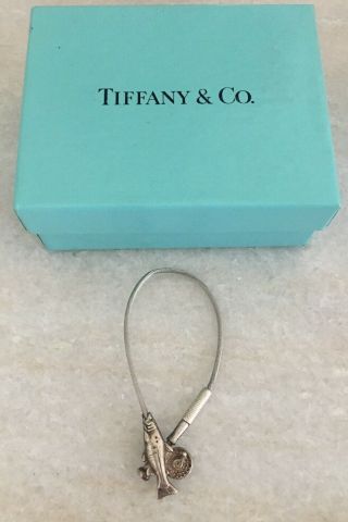 Rare 925 Tiffany & Co Sterling Silver Fish Fishing Pole Rod Keychain And Box