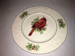 Rare Lenox Winter Greetings Carved Accent Luncheon Plate Cardinal Bird Motif 9.  5