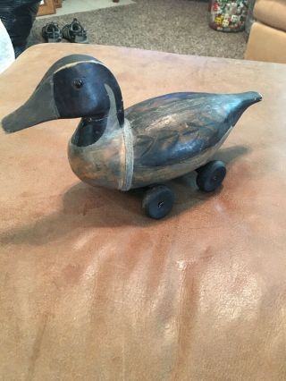 Antique Mallard Duck Wood Decoy Pull Along Toy On Wheels Glass Eyes Rare Unique