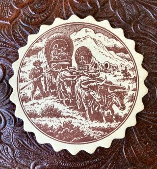 Wallace China Pioneer Trails Paper Coaster Rare Cowboy Horse Wagon 3.  25 "