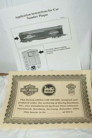 LGB RARE 4067HD Harley Davidson box car with certificate & mini plaque.  O/Box 3