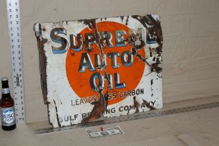 Rare 1930s Gulf Supreme Auto Oil 2 - Sided Porcelain Metal Flange Sign Garage Farm