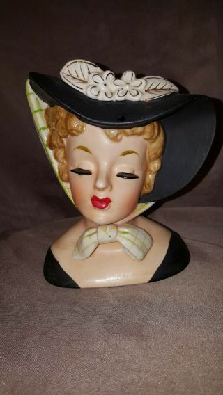Vintage Napco Lady Head Vase C4414a Black Hat Green Scarf Foil 1959 Rare