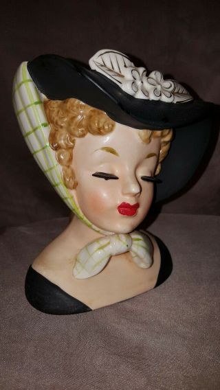 Vintage Napco Lady Head Vase C4414A Black Hat Green Scarf Foil 1959 rare 5