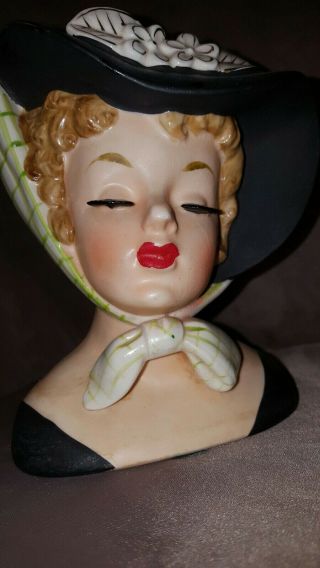 Vintage Napco Lady Head Vase C4414A Black Hat Green Scarf Foil 1959 rare 6